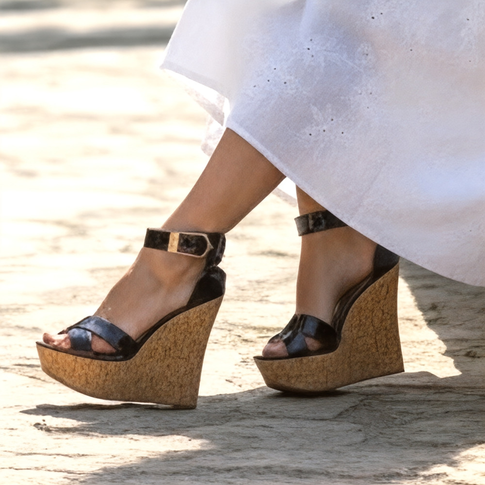 New Scene by ShoeDazzle Rayleen Black Patent Cork Platform Wedge Sandals Size 9